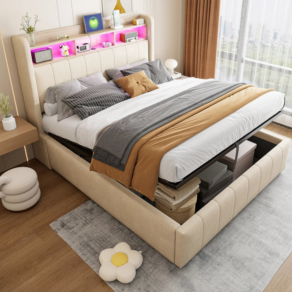 LETTO imbottito 140x200 cm Beige con LED, USB, porta Type-C e contenitore idraulico