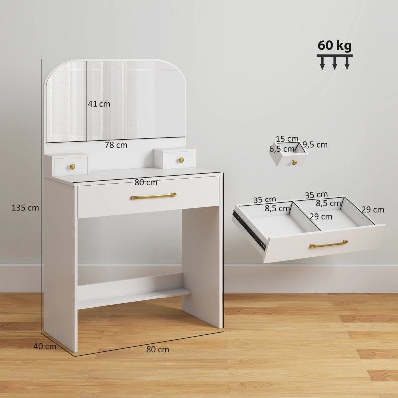 Tavolo da trucco con specchio, compatto, con 3 cassetti, bianco