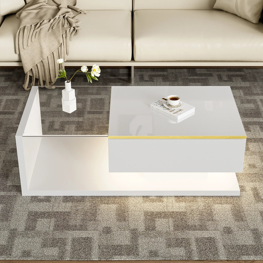 Tavolino da salotto 100 cm - Zephmum - Bianco lucido con vetro ed effetto LED
