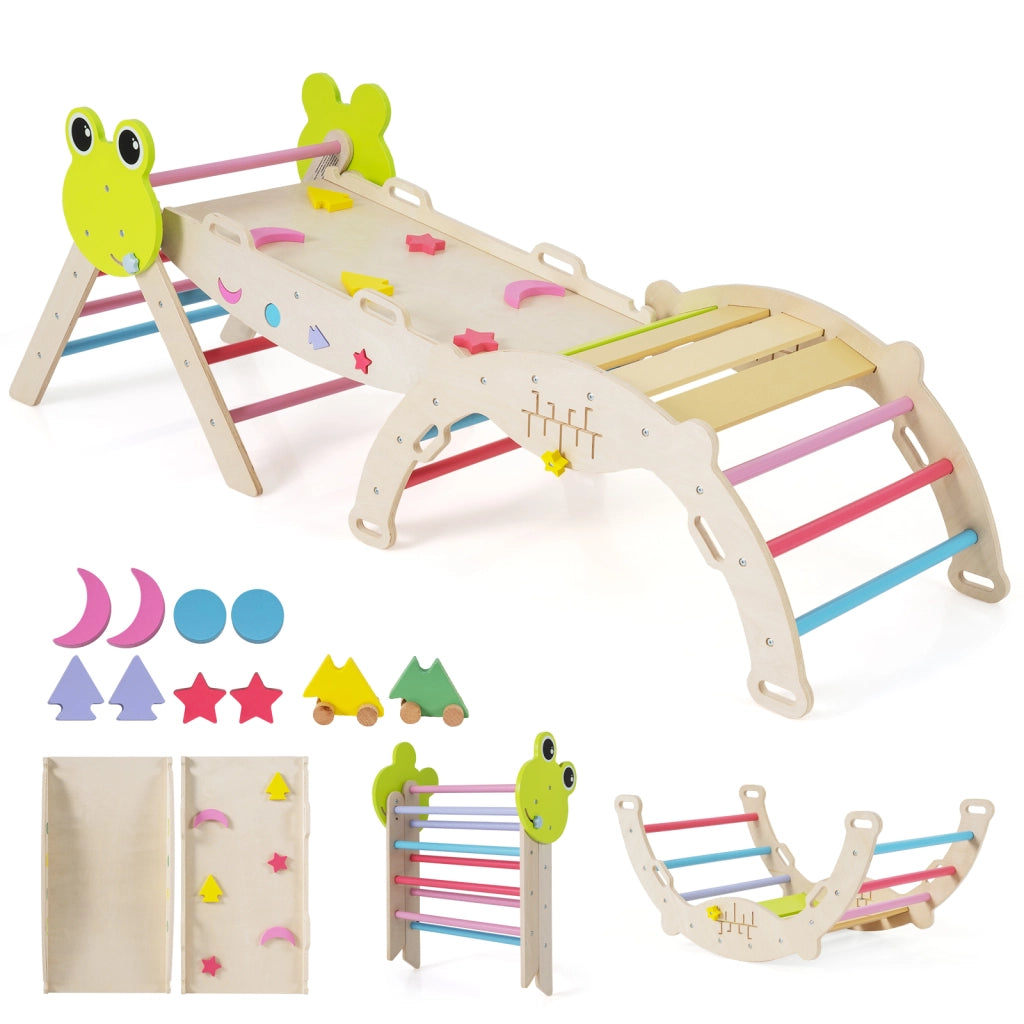 Giochi da arrampicata per bambini con rampa, Set montessori in legno a tema rana con gioco del labirinto Colorato