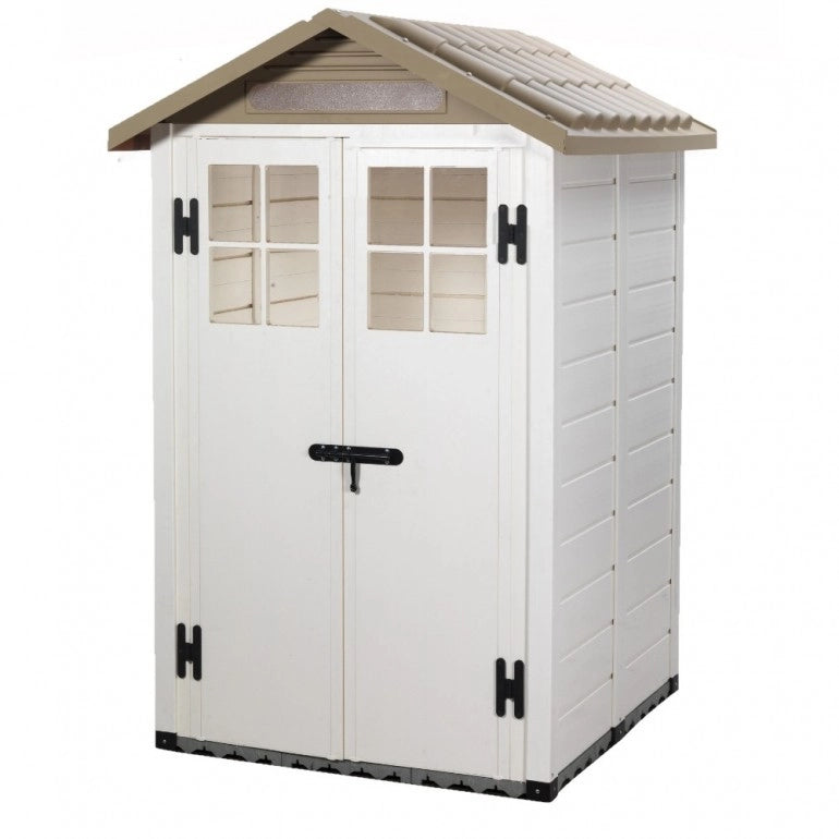 Casetta da Giardino in Resina Tuscany Evo 120 con 2 porte centrali, Pavimentazione inclusa, colore Beige, 137x144x214h cm