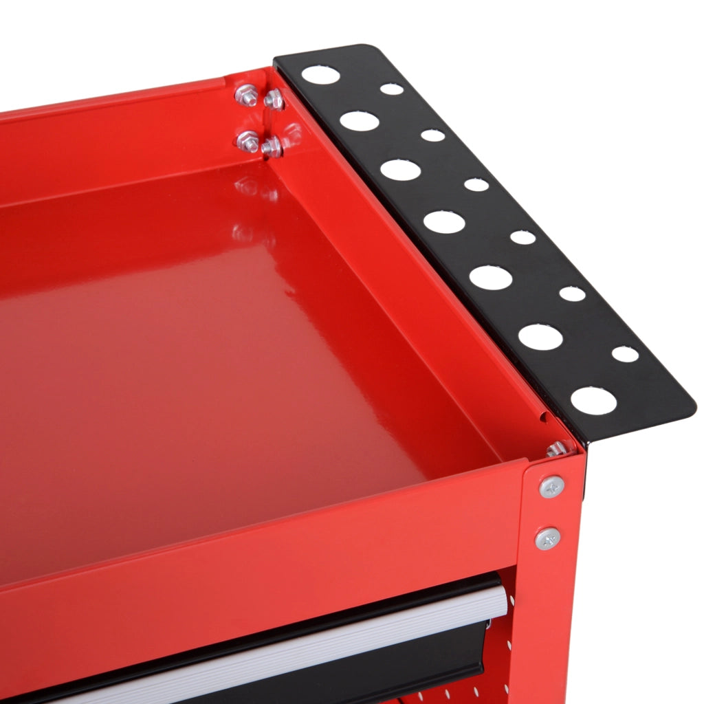 Carrello per attrezzi con 3 vassoi e cassetto ¨C Minimal ¨C Ruote con freni, pannello laterale perforato, rosso