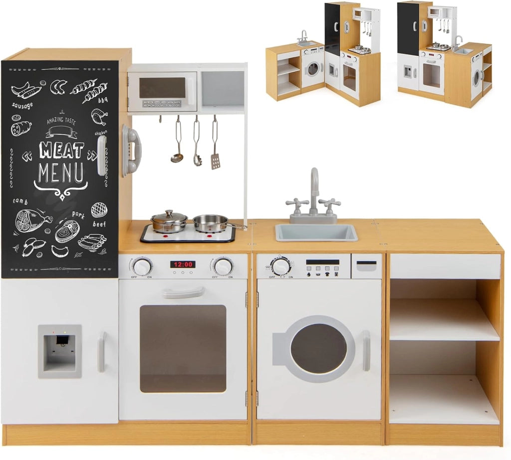 Cucina Giocattolo per Bambini, Cucinetta in Legno con Suoni e Luci Realistici, Fornello, Microonde, Rubinetto e Lavatrice, Cucina da Gioco di Finzione con Accessori per Bambini 3+ Anni