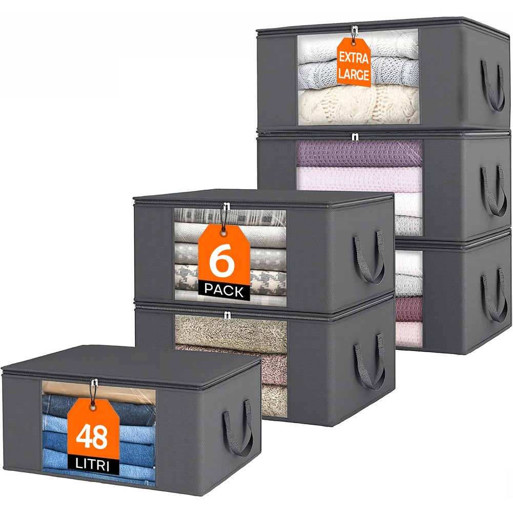 Set 6 Contenitori Pieghevoli 48L con Manici Rinforzati per Vestiti e Trapunte