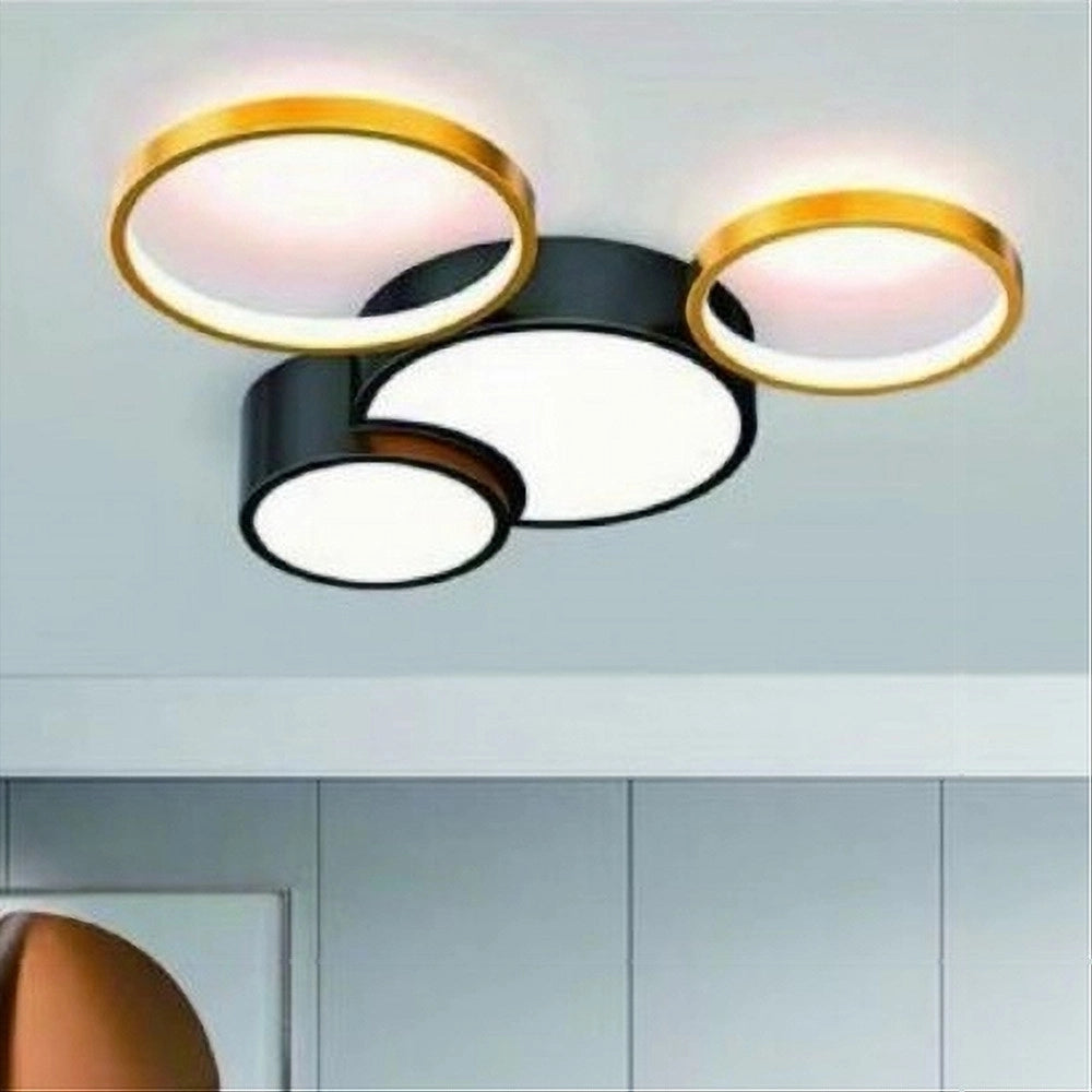 Trade Shop - Plafoniera Led 36w 4 Cerchi Oro Nero Lampada Da Soffitto Moderno Luce 4000k 70951 -