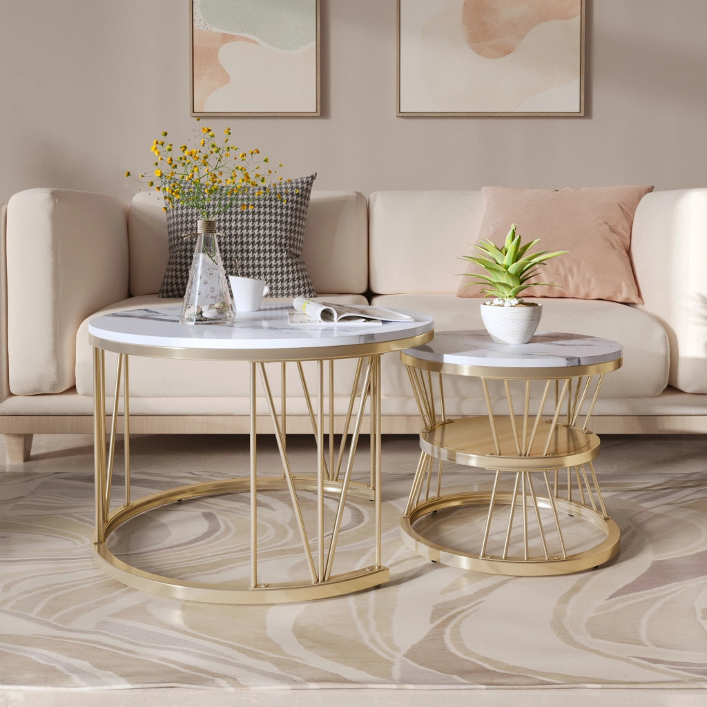 Tavolino da salotto rotondo 70x70x45 cm set 2 pezzi sovrapponibile  tavolino salotto moderno con struttura in metallo-oro