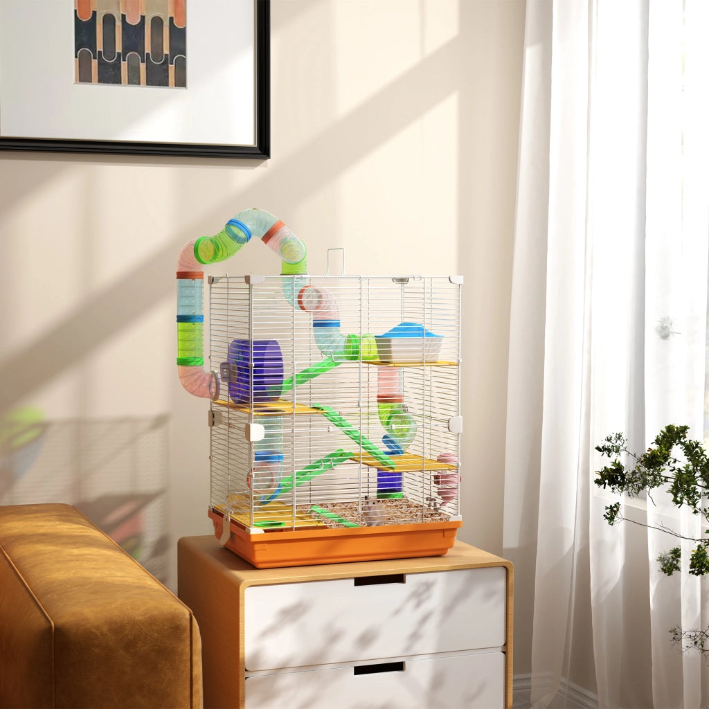 Casetta per Criceti a 5 Livelli con Tubi, Ruota e Scala ¨C Zephmum ¨C 46x30x58 cm Arancione