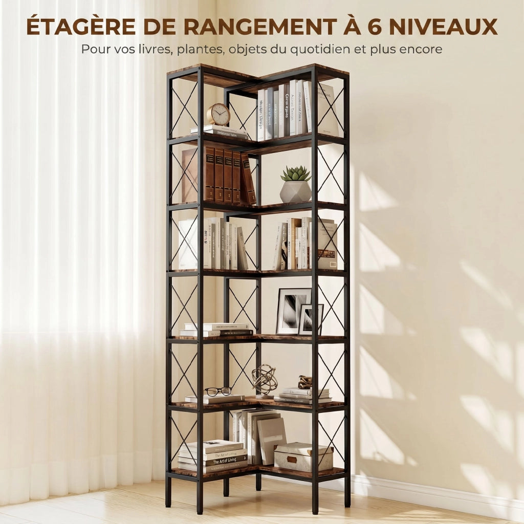 Libreria d'angolo a 6 livelli in metallo ¨C Minimal ¨C 60x60x200 cm marrone rustico