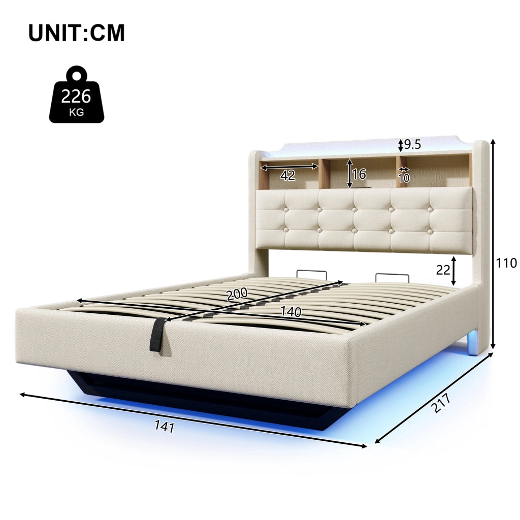 Letto imbottito 140x200 cm con LED, vano contenitore idraulico, USB e Type-C, beige