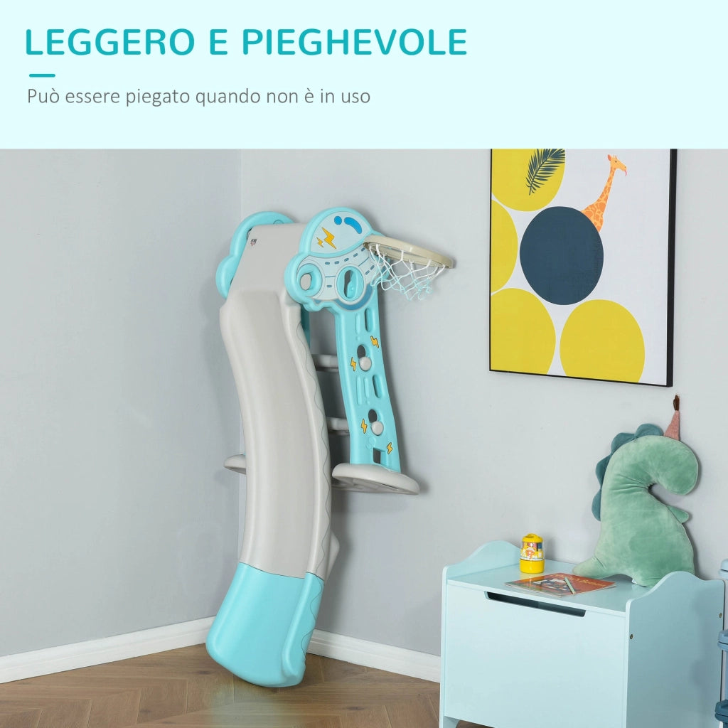 Scivolo per Bambini Pieghevole con Canestro Basket 140x87x75 cm Blu e Grigio