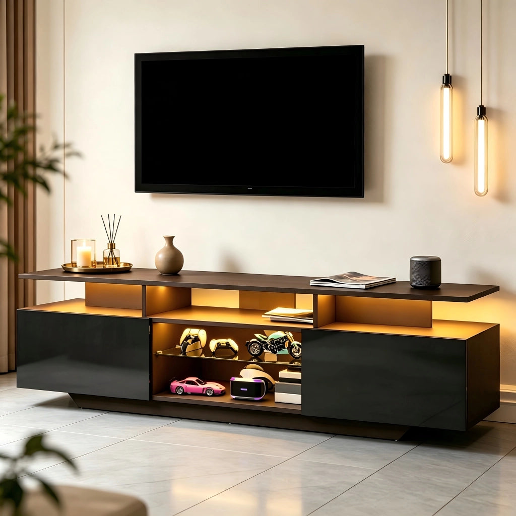 Mobile TV da salotto 160x40x45 cm nero con LED, 2 armadi e 8 ripiani