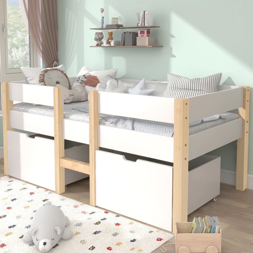 Letto rialzato per bambini con cassetti e spondina di sicurezza