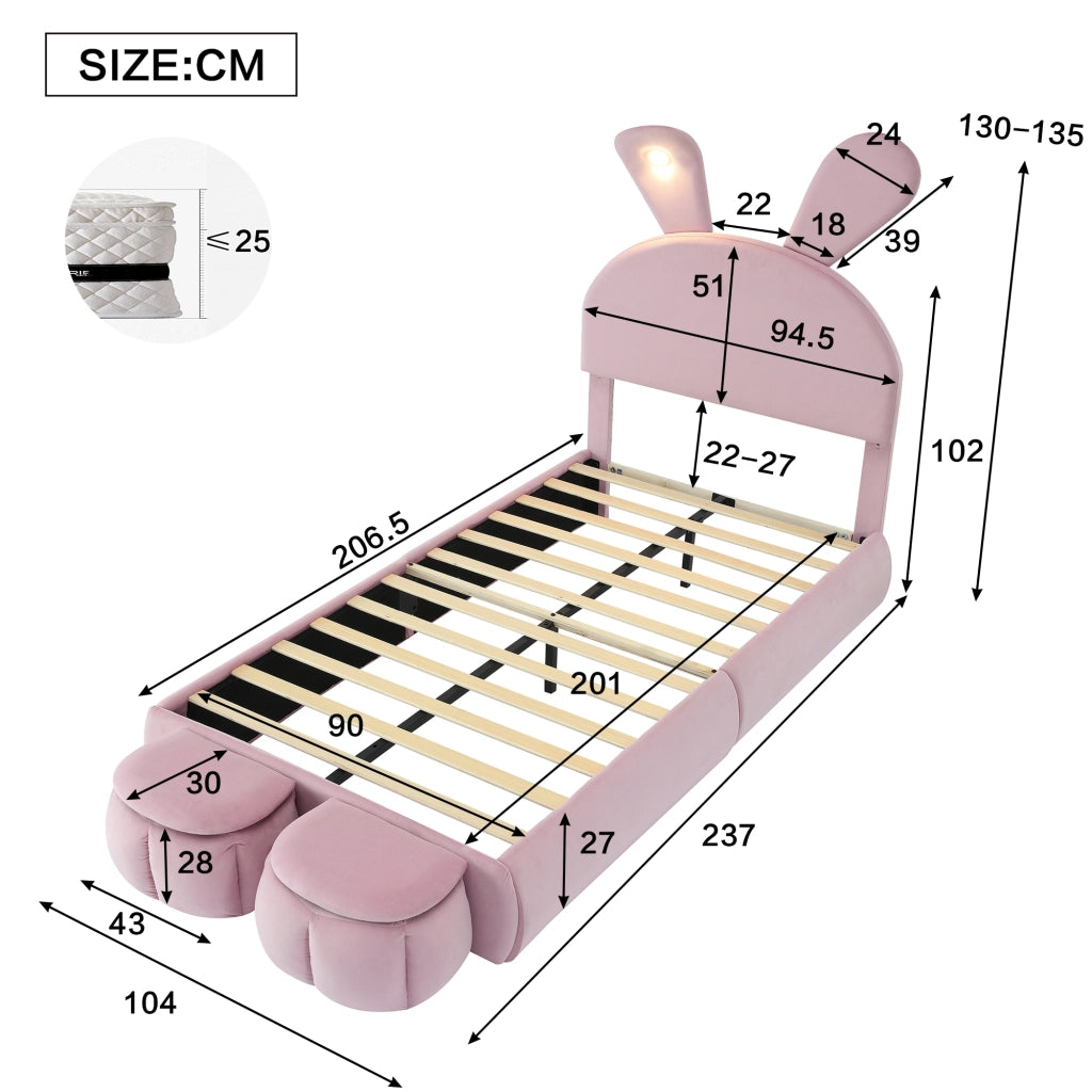 LETTO Singolo 90x200 cm in Velluto Rosa con LED e 2 pouf contenitore