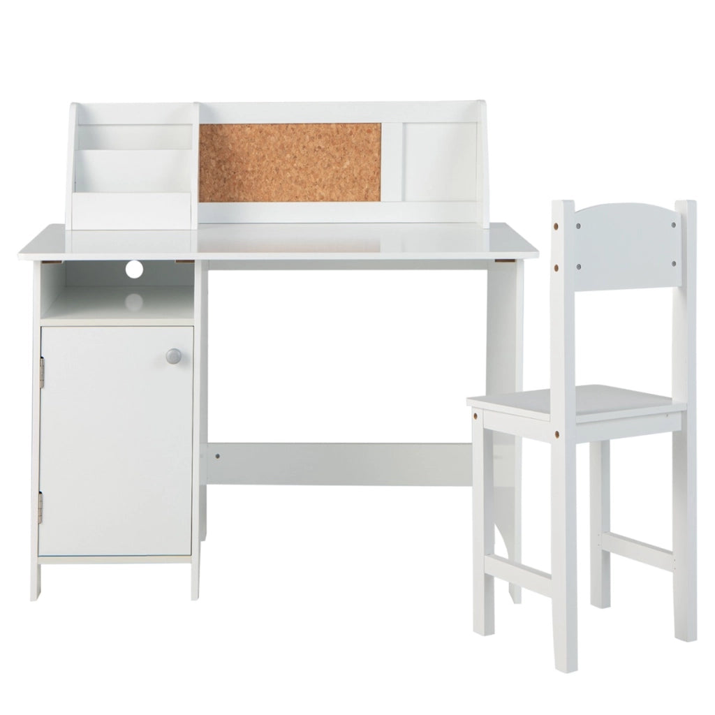 Set di scrivania e sedia per bambini in legno con scaffale armadietto bacheca, Postazione di scrittura Bianco