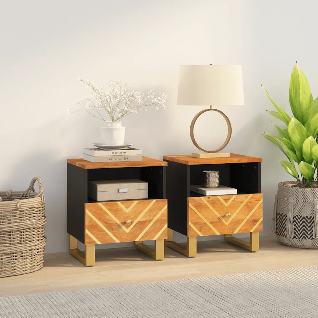 Set di 2 Comodini | Armadio da Notte | Mobiletto da notte Marrone e Nero in Legno Massello di Mango