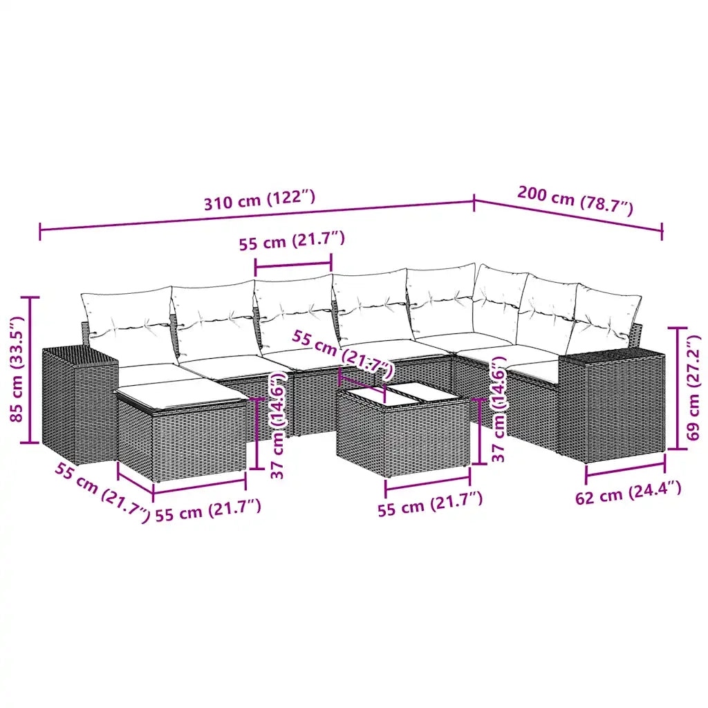 Set Divani da Giardino 9 pz con Cuscini Nero in Polyrattan 3255303