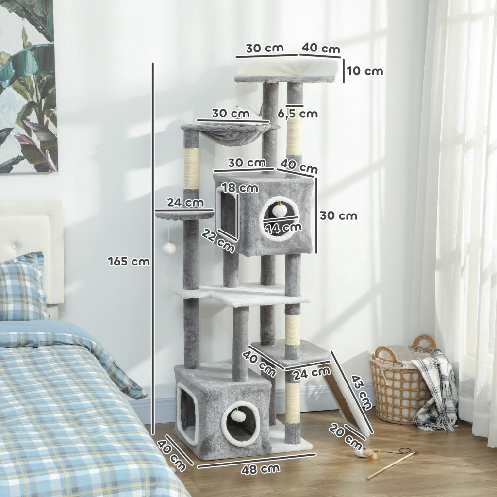 Arbre ¨¤ chat con 2 nicchie, piattaforme, amaca, scala e 4 pompon ¨C zephmum ¨C 165 cm grigio