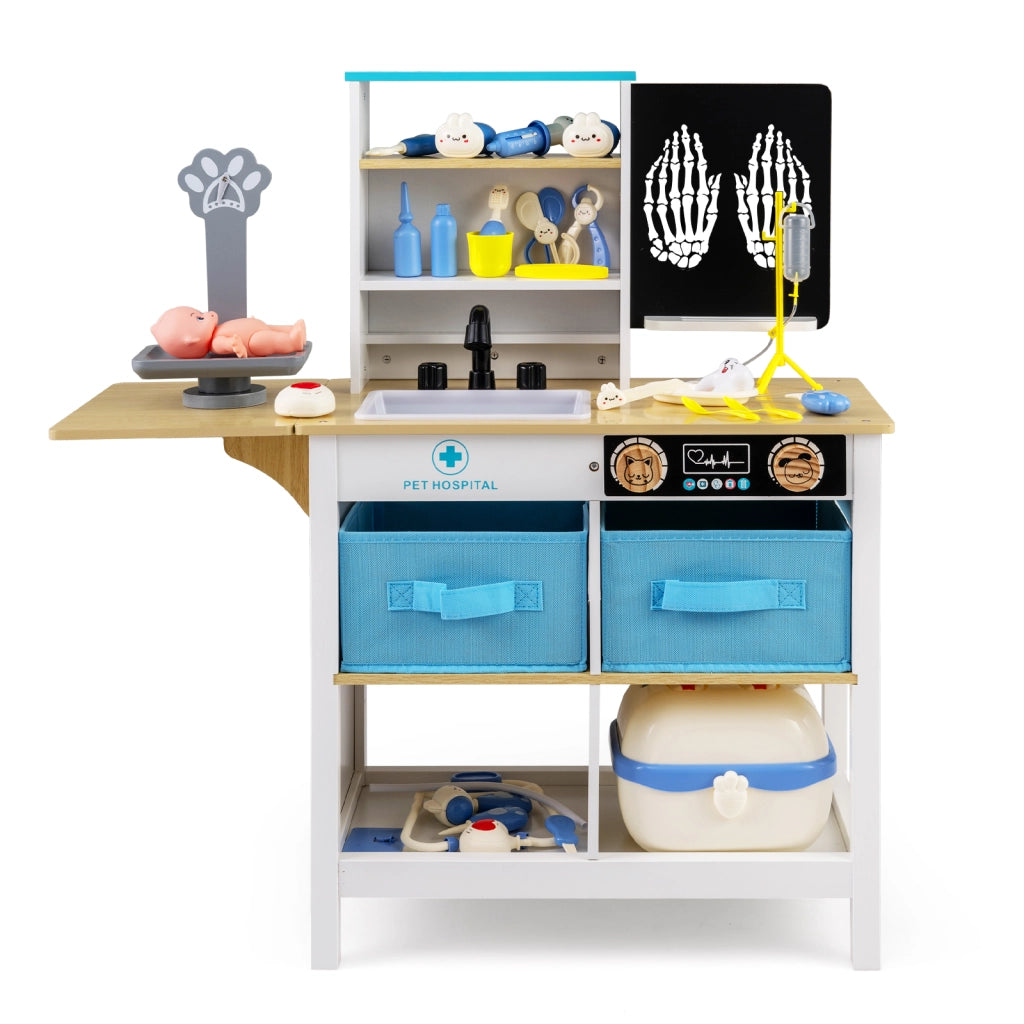 Set gioco medico legno centro medico lavagna bilancia animali rubinetto lavandino-Set ospedale tavolo pieghevole cassetti valigetta accessori Bianco