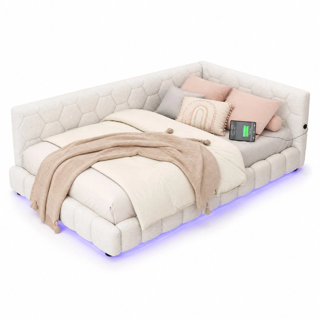 Daybed 90x200 cm in Vliesimitat bianco con luce LED ambientale, USB e Type-C