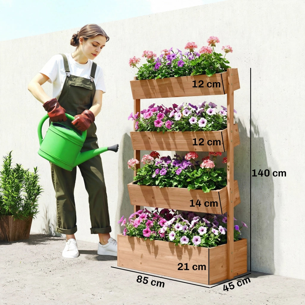 Fioriera Rialzata 4 Ripiani ¨C Xylo ¨C Legno Marrone 85x45x140cm con Drenaggio