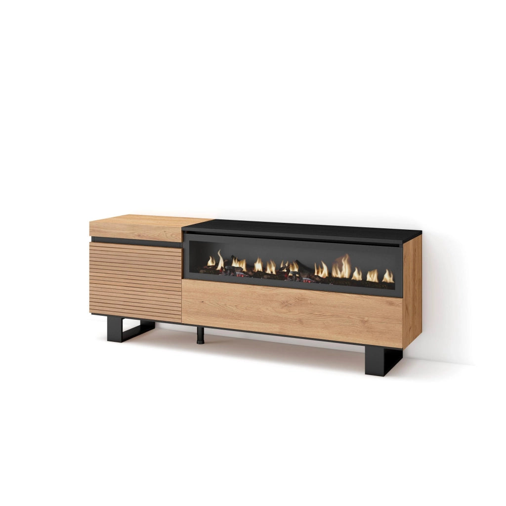 Mobile TV Soggiorno, 150x35x57cm, Per TV fino a 65", Camino elettrico, Design industriale, colore Rovere RF3303