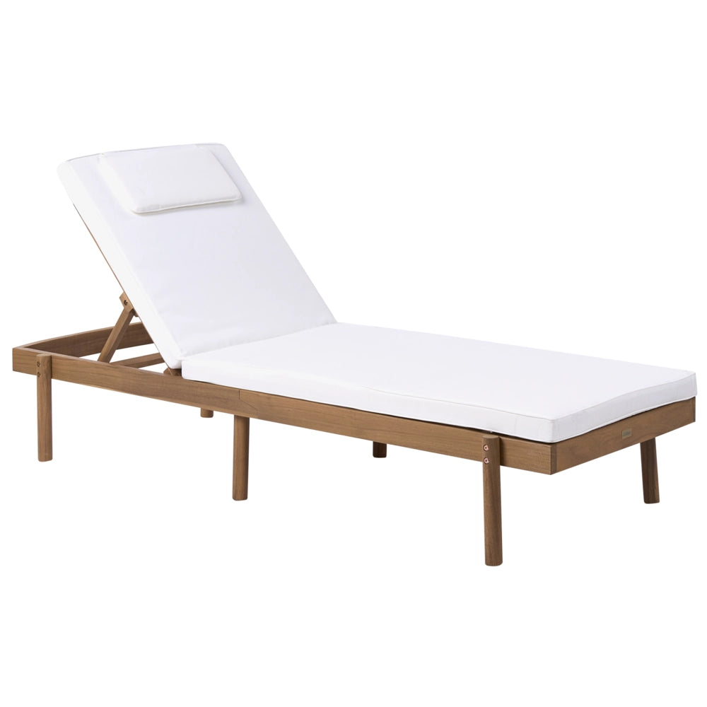 Sdraio marrone chiaro in legno di acacia certificato con cuscino bianco, seduta pieghevole, per giardino, patio e balcone