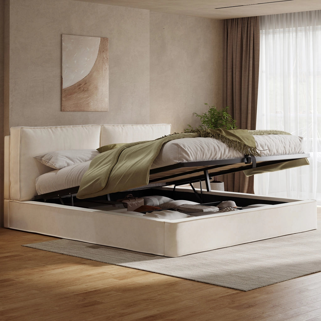 Letto matrimoniale imbottito 180x200 cm con contenitore idraulico; velluto beige; rete inclusa