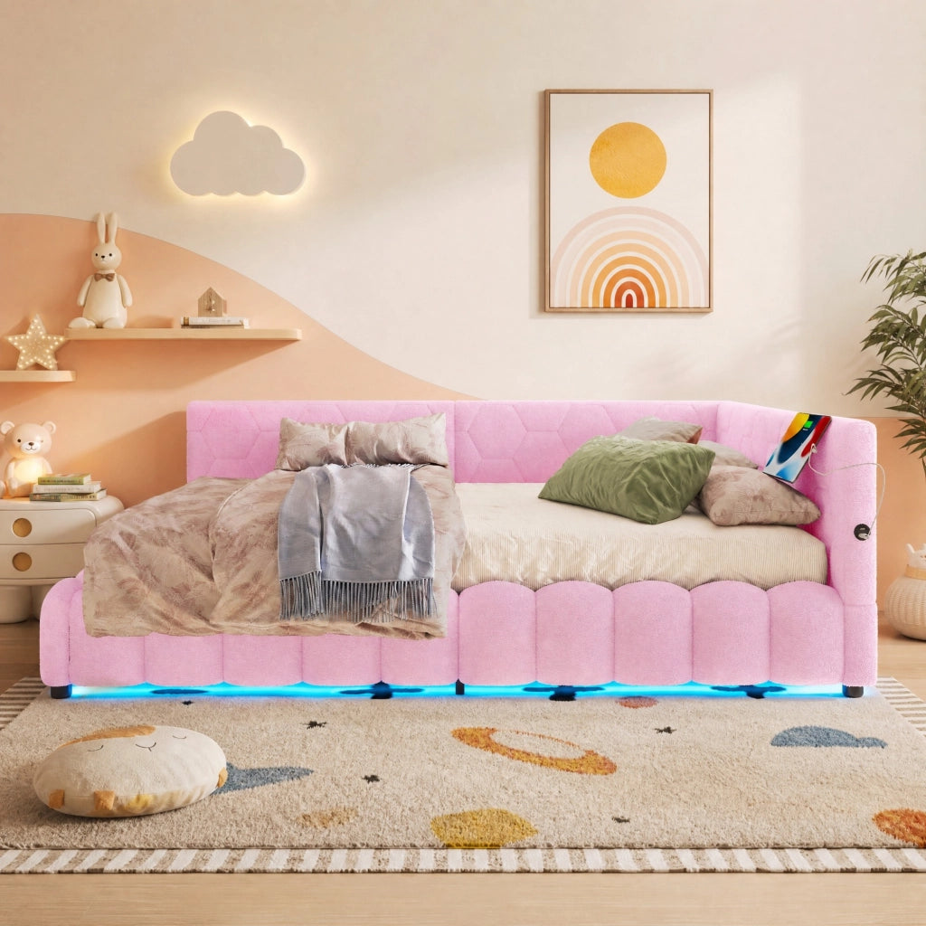 LETTO Daybed 140x200 cm Rosa con LED, USB, Tipo-C e vano contenitore