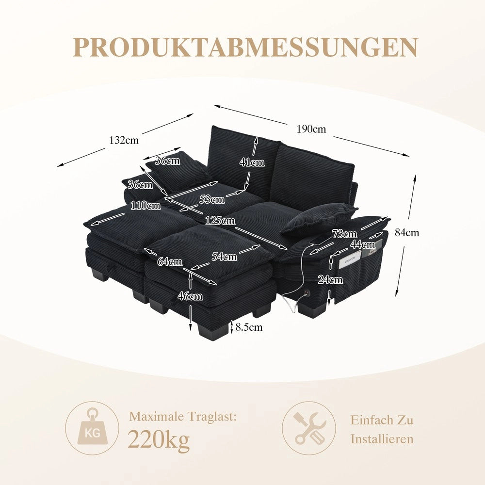 Sofa modulare 2 posti con sgabelli - Zephmum - Ampia seduta, design ergonomico, USB-C