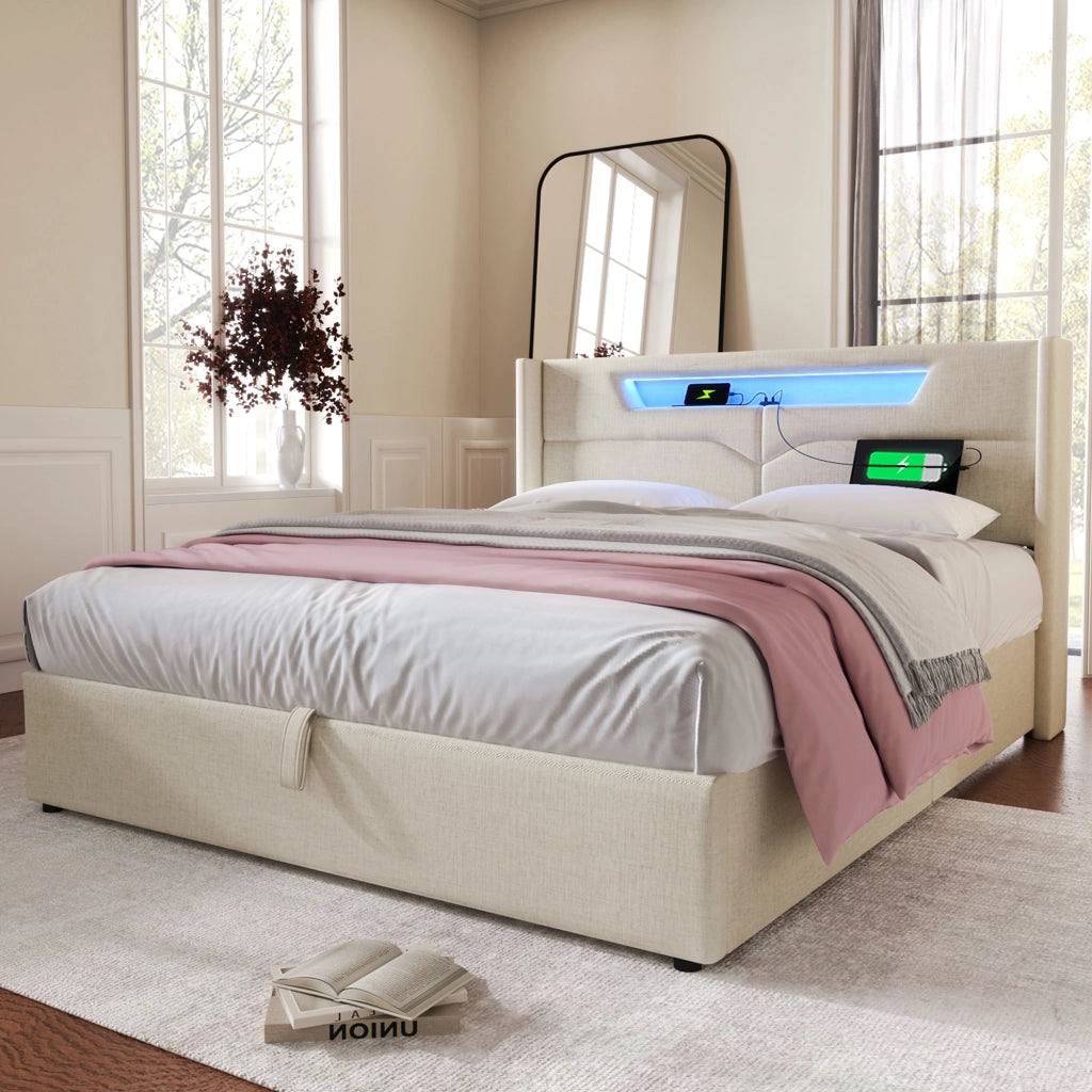 LETTO Matrimoniale LED 160x200 cm in lino beige USB Type C