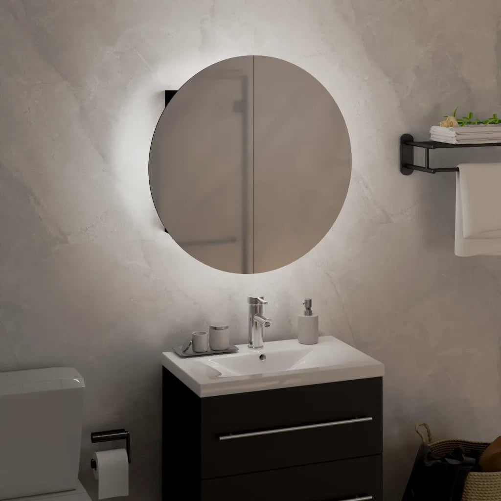 Armadio da Bagno | Mobile da Bagno con Specchio Rotondo e LED Nero 40x40x17,5cm