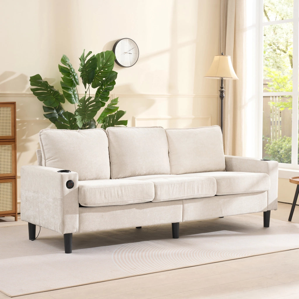 Divano letto imbottito 3 posti - Zephmum- USB e Type-C, porta bevande, forma L, beige