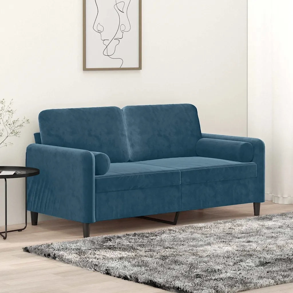 Divano a 2 Posti con Cuscini Blu 140 cm in Velluto