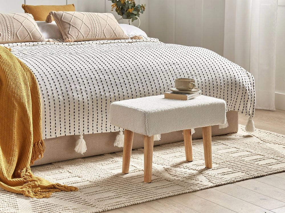 Poggiapiedi in Cotone Bianco con Gambe in Legno