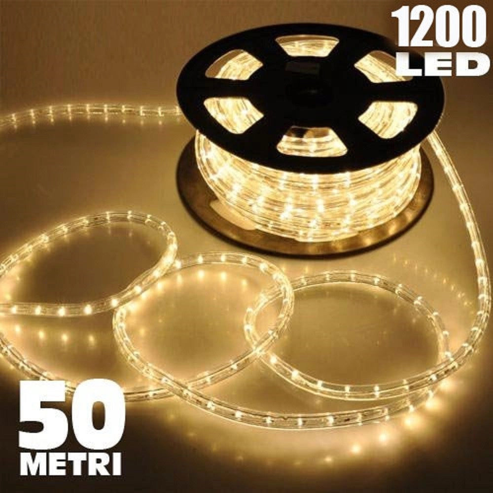 Trade Shop - Tubo Luminoso 1200 Led 50 Mt Bianco Caldo Uso Esterno Controller 8 Giochi Luce -