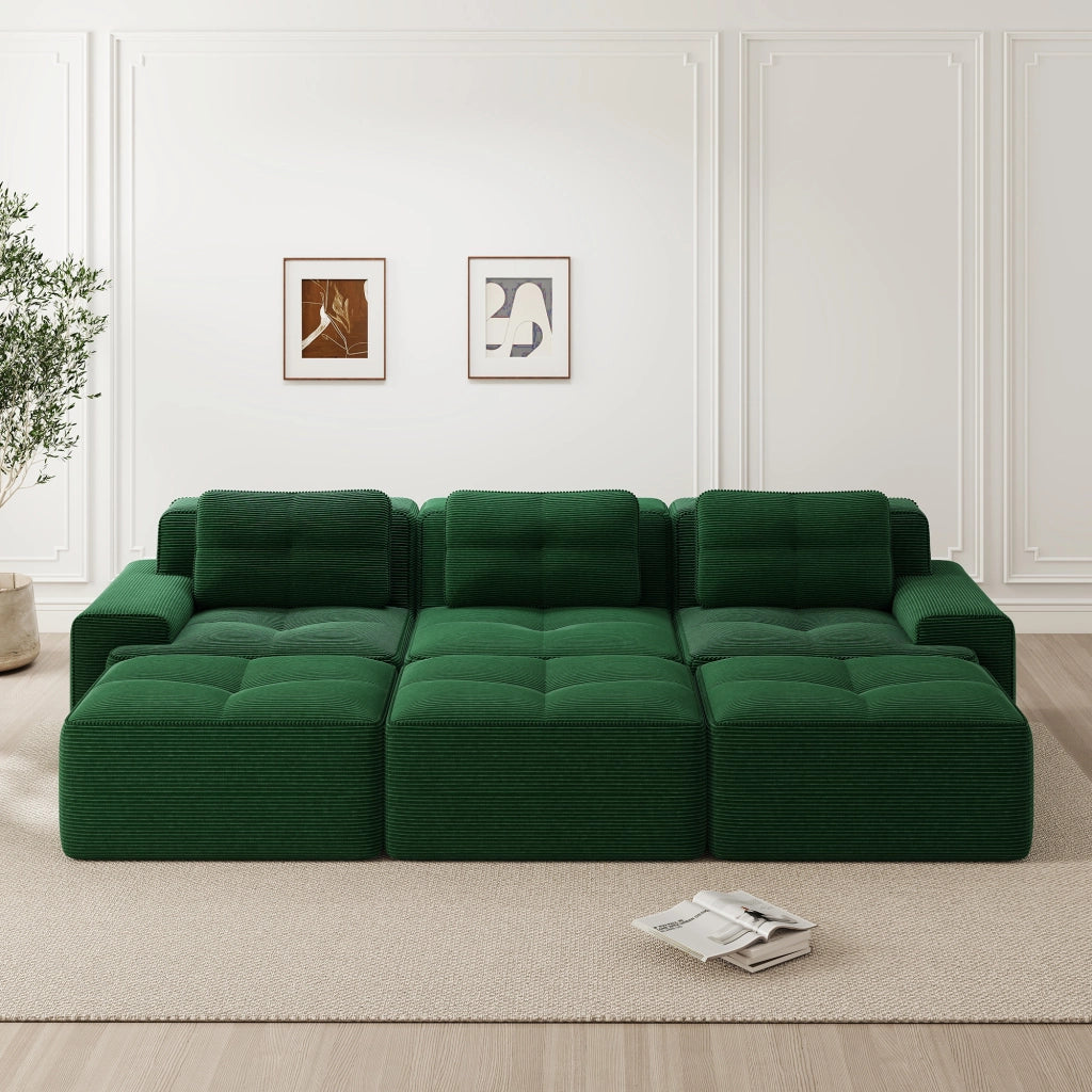 Divano Angolare Modulare 3 Posti con Pouf ¨C Xylo ¨C Verde, Tessuto a Coste, con Funzione Letto