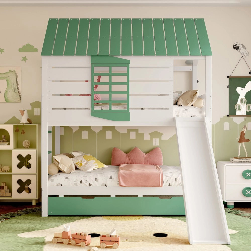 Letto a Castello con Scivolo e Letto Estraibile ¨C MINIMAL ¨C Bianco/Verde 90x200