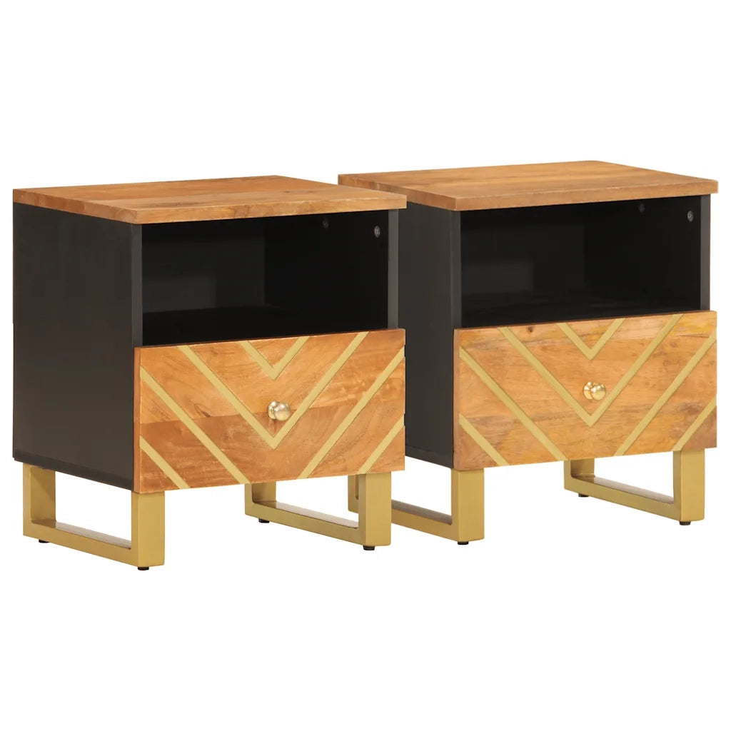 Set di 2 Comodini | Armadio da Notte | Mobiletto da notte Marrone e Nero in Legno Massello di Mango
