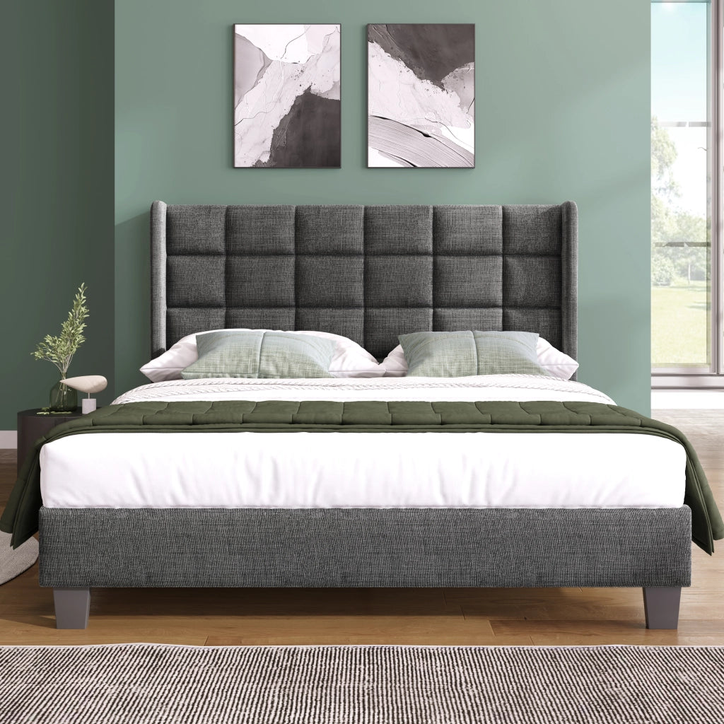 Letto matrimoniale imbottito 140x200 cm con testiera imbottita e rete a doghe; design moderno; lino grigio