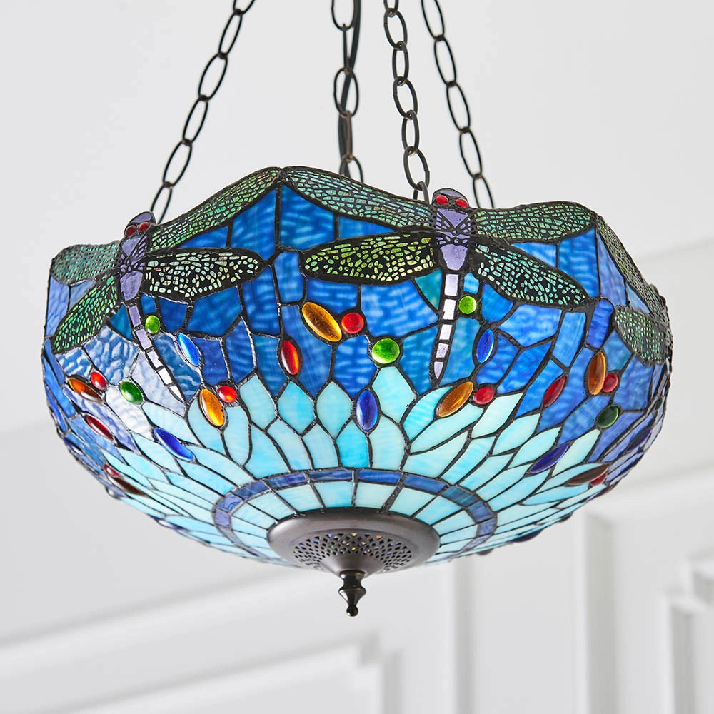 Lampadario sospensione Tiffany libellula blu 3xE27