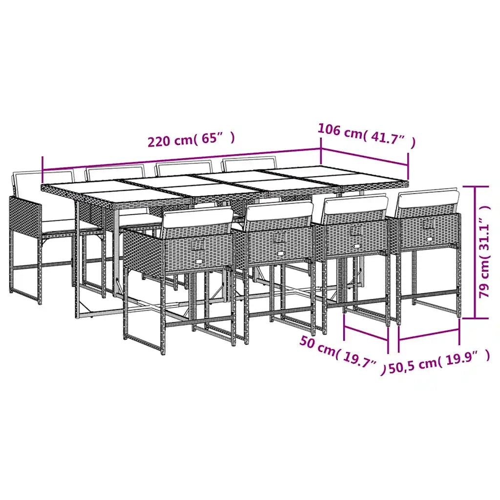 Set da Pranzo da Giardino 9 pz con Cuscini Beige in Polyrattan
