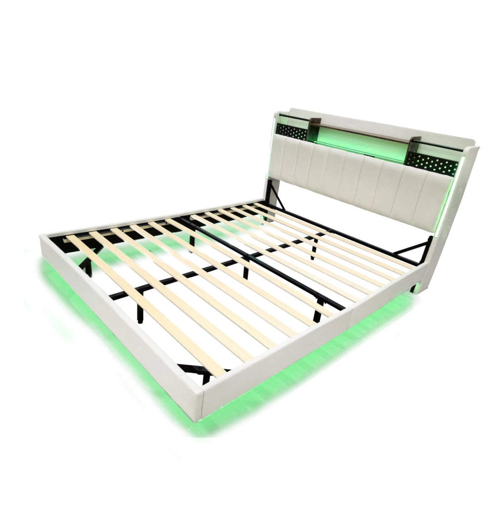 Letto matrimoniale imbottito 160x200 con LED, USB e contenitore