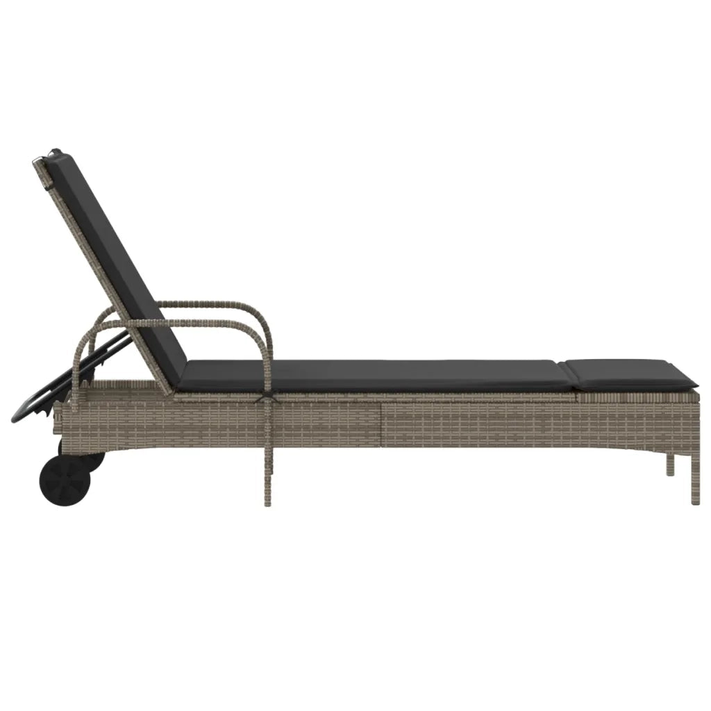 Lettino Prendisole con Ruote e Cuscino in Polyrattan Grigio 368310
