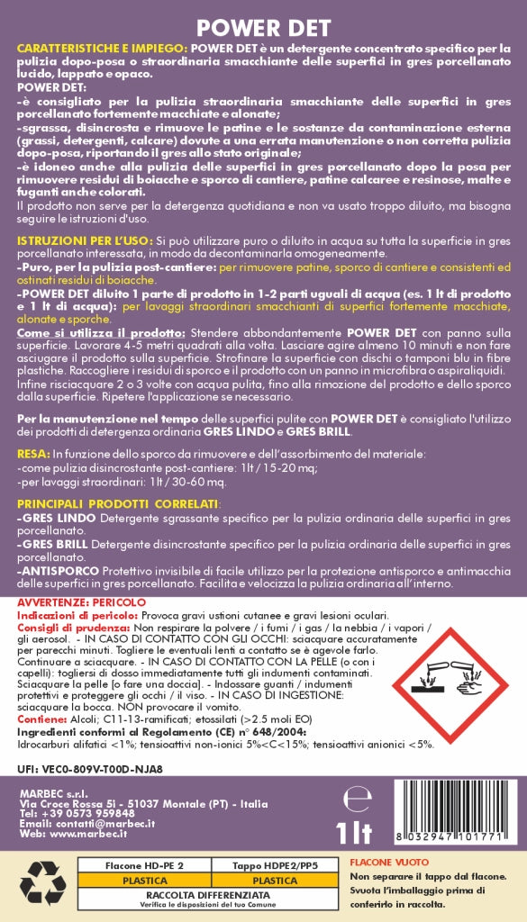 Come pulire il gres porcellanato POWER DET   1LT + Tampone Blu