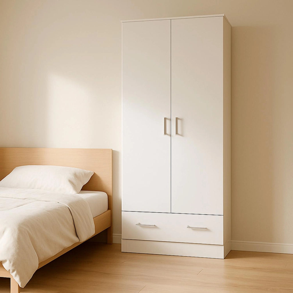 Armadio Multiuso Design Moderno Con 2 Ante E 1 Cassetto Salvaspazio Con Ripiani Interni E Vano Contenitore Per Camera Da Letto O Ingresso 79.4 X 35.7 X 170.4 Cm Bianco