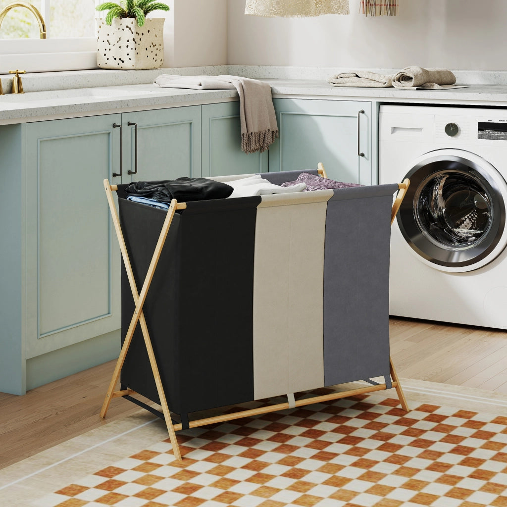 Cestino per Biancheria Pieghevole con 3 Compartimenti ¨C Minimal ¨C Bamb¨´ 129L