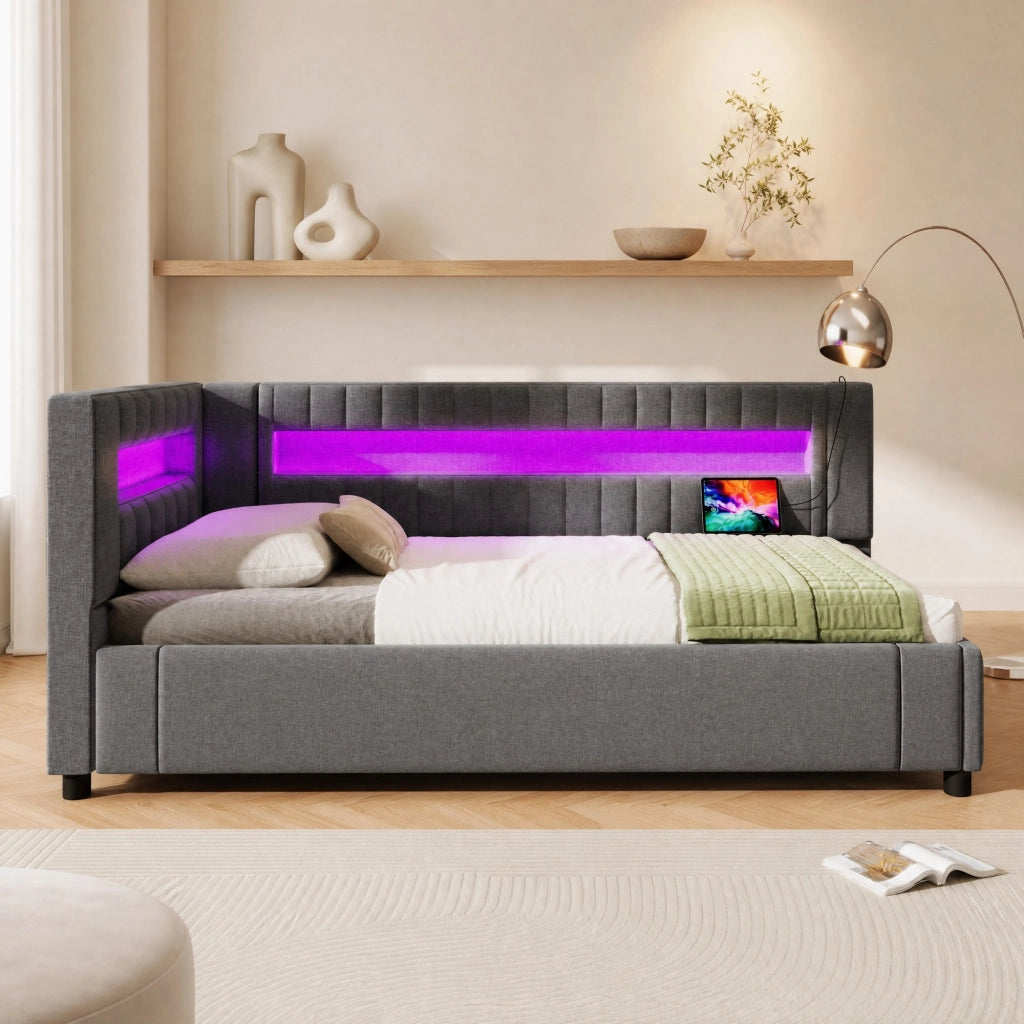 LETTO Contenitore 90x200 cm in lino grigio con LED e USB