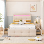 Letto imbottito con LED e 2 cassetti, 90x200 cm, beige