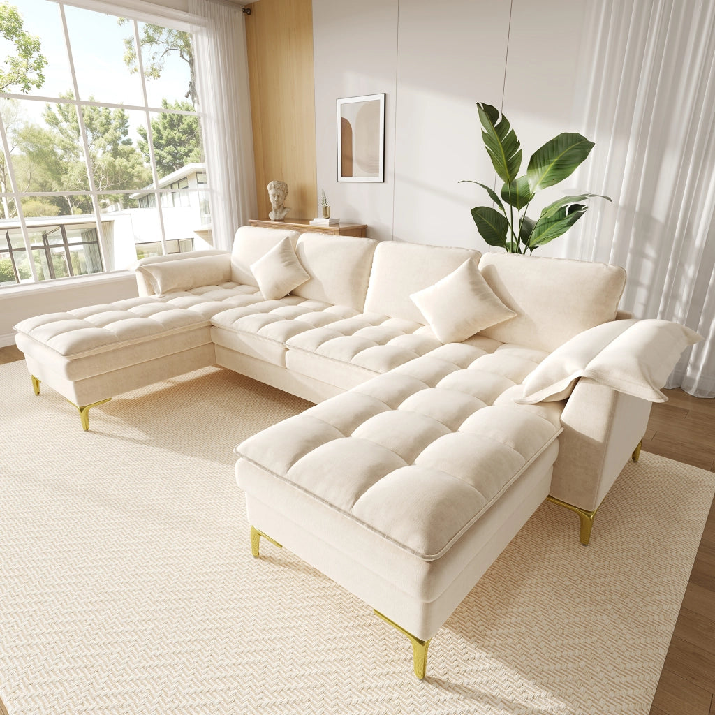 DIVANO A U 4-5 POSTI 262x134x86 cm Chenille Beige con 2 cuscini