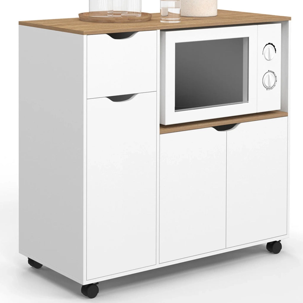 IDMarket - Credenza a microonde COSI XXL con cassetto in legno bianco e ripiani in faggio L.90 CM